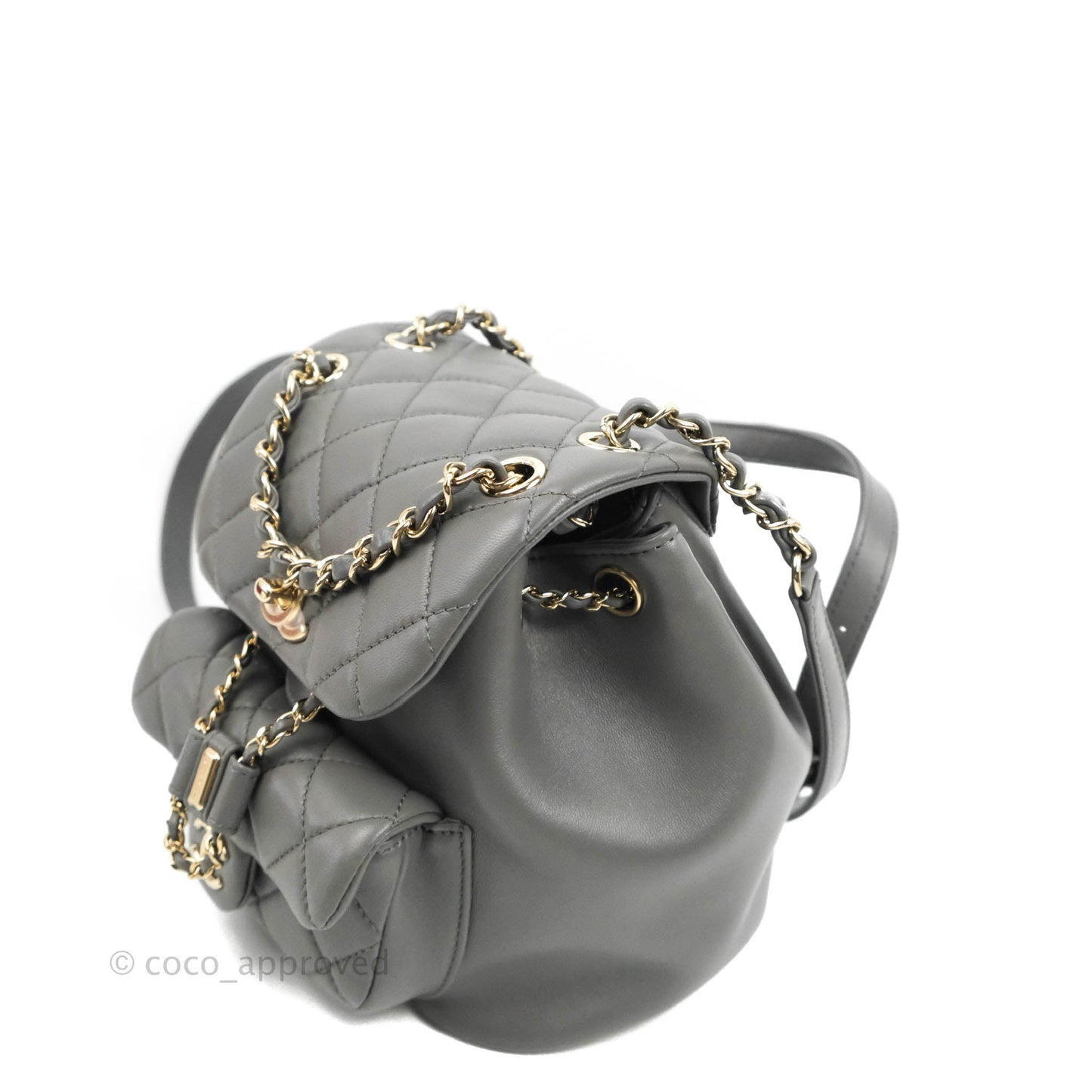 Chanel Quilted Small Duma Drawstring Backpack Grey Lambskin Gold Hardware 22A