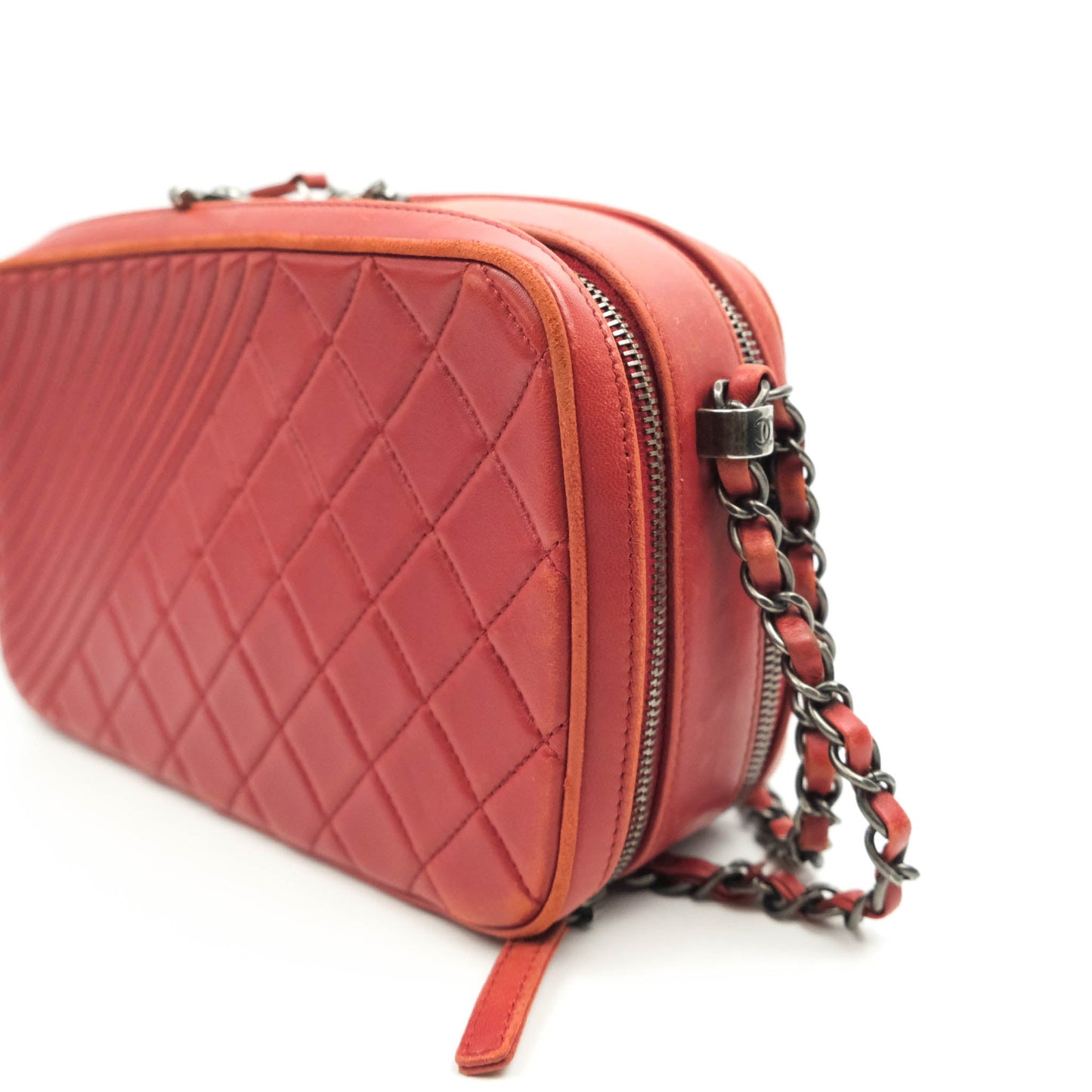 Chanel Quilted Crossbody Camera Bag Red Lambskin Ruthenium Hardware