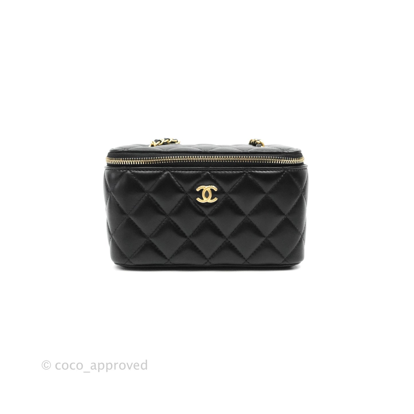 Chanel Vanity with Pearl Crush Chain in Black Lambskin Aged Gold Hardware