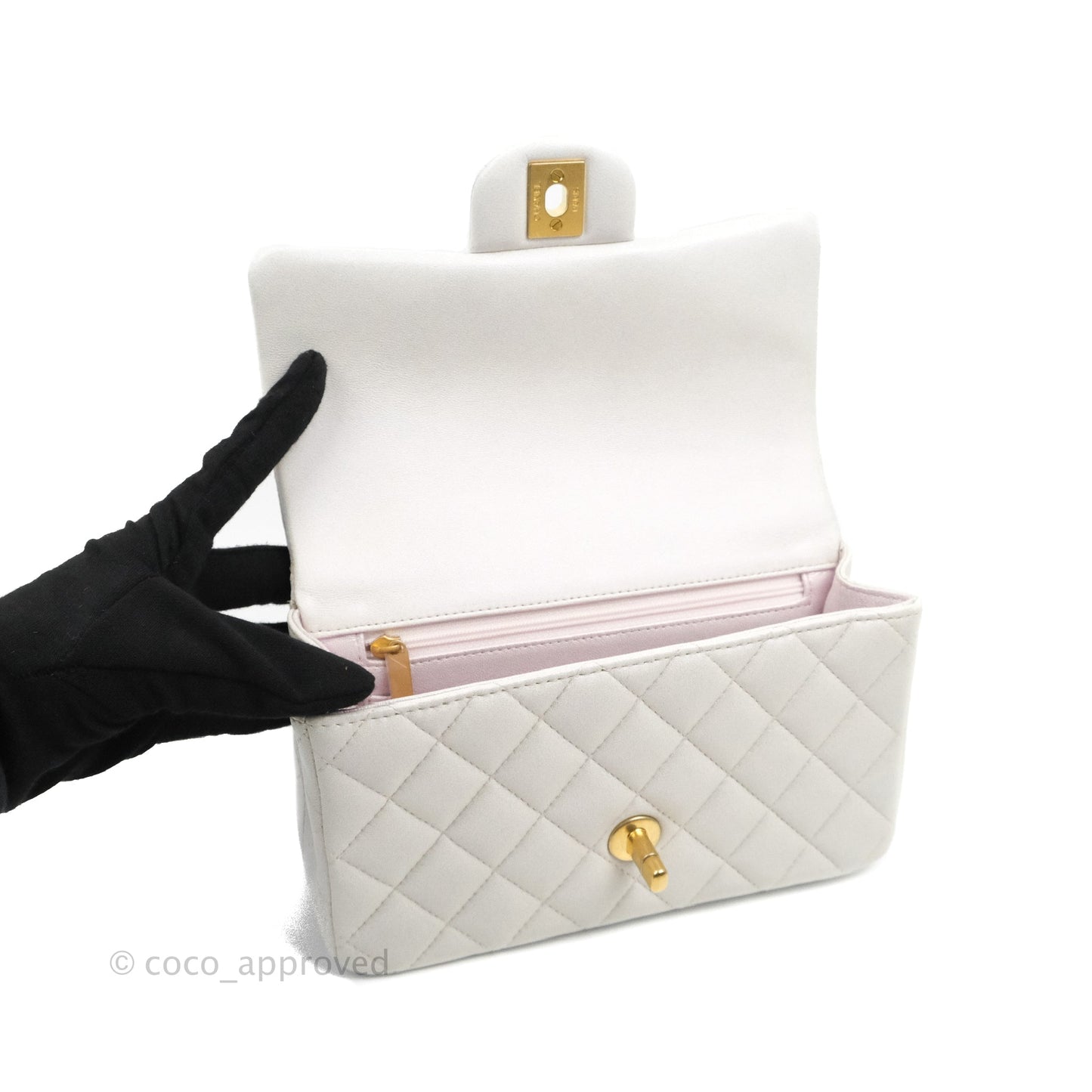 Chanel Top Handle Mini Rectangular Flap Bag Iridescent White Lambskin Aged Gold Hardware