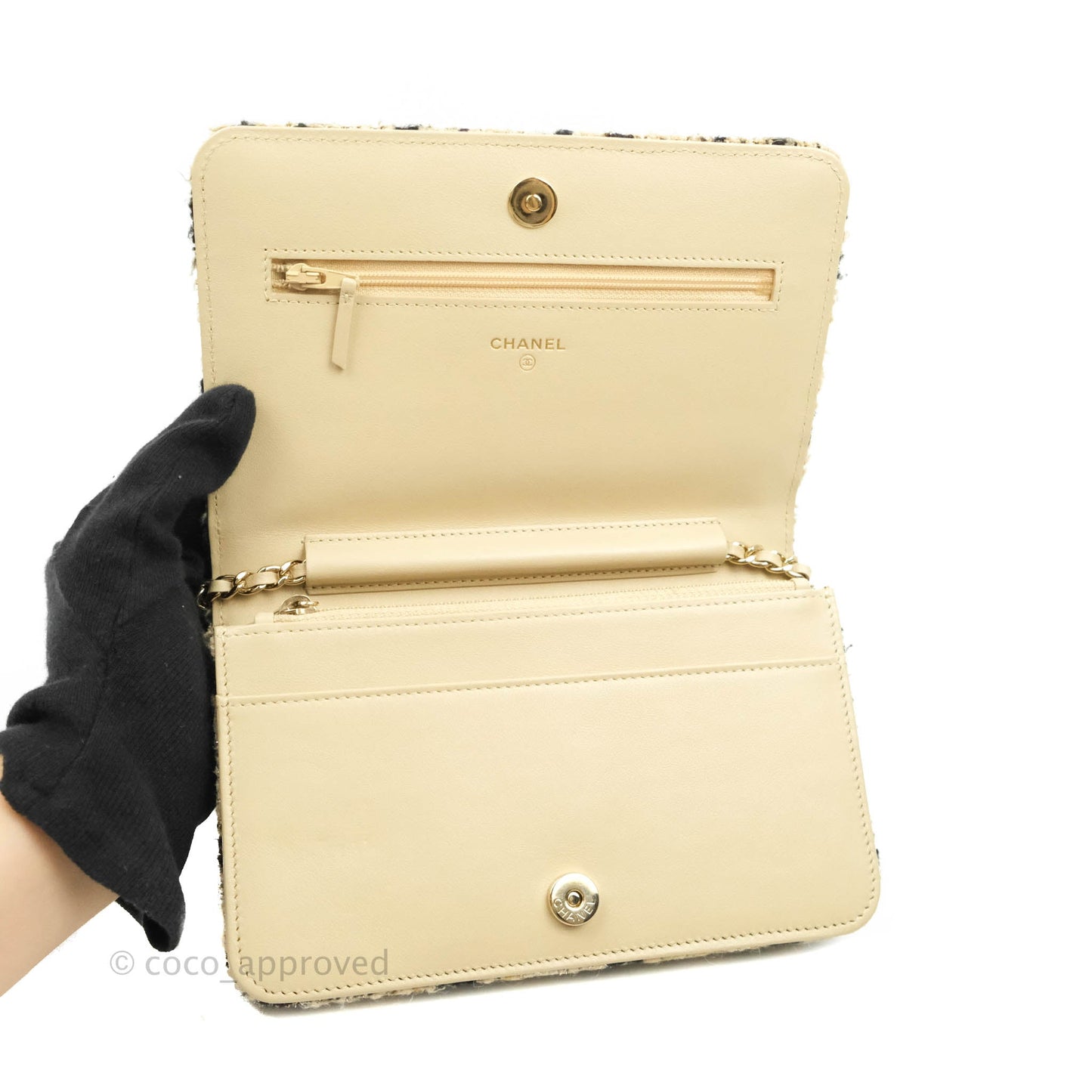 Chanel Wallet On Chain WOC Houndstooth Beige Black Tweed Gold Hardware