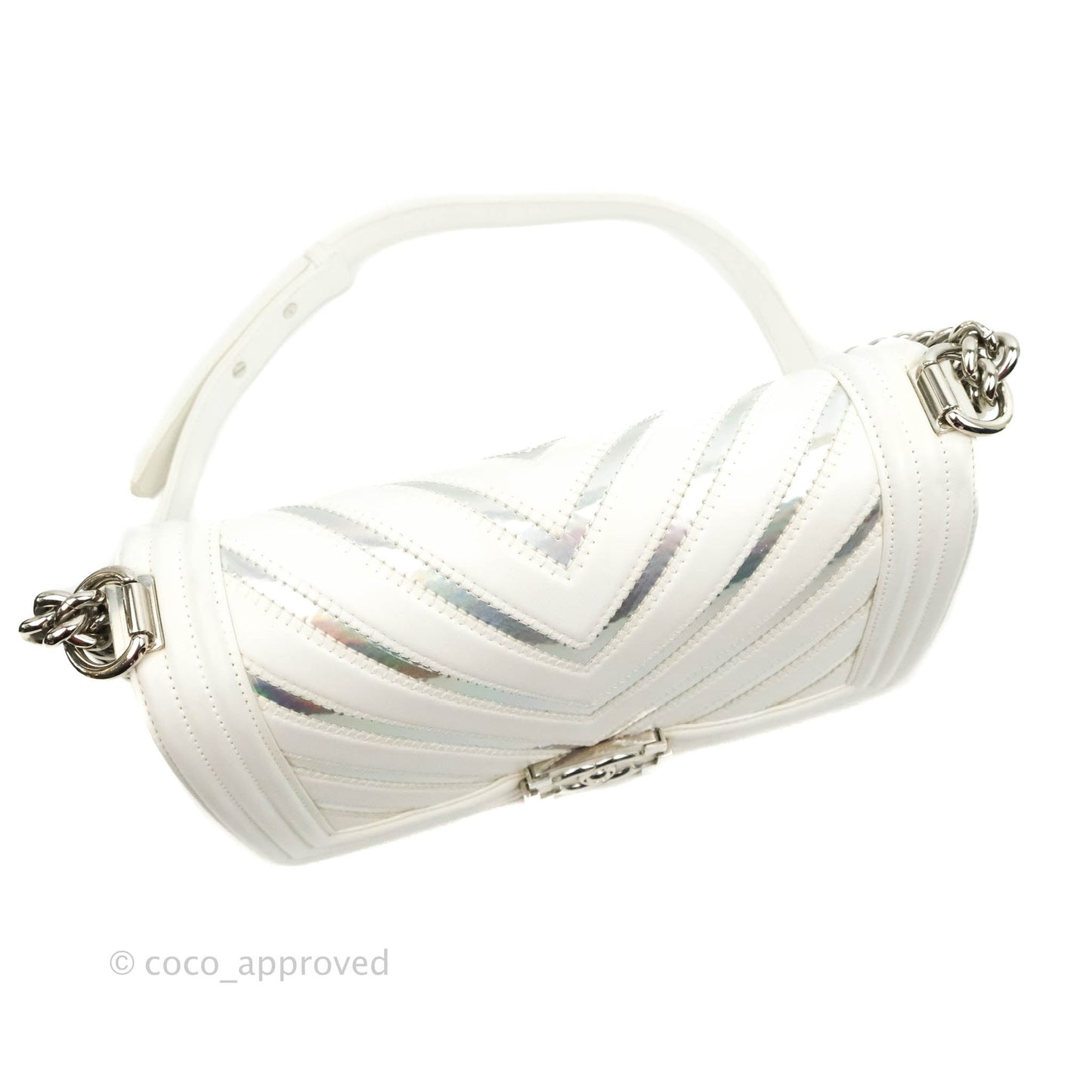 Chanel Quilted Medium Boy Flap Iridescent Chevron White Lambskin Silver Hardware