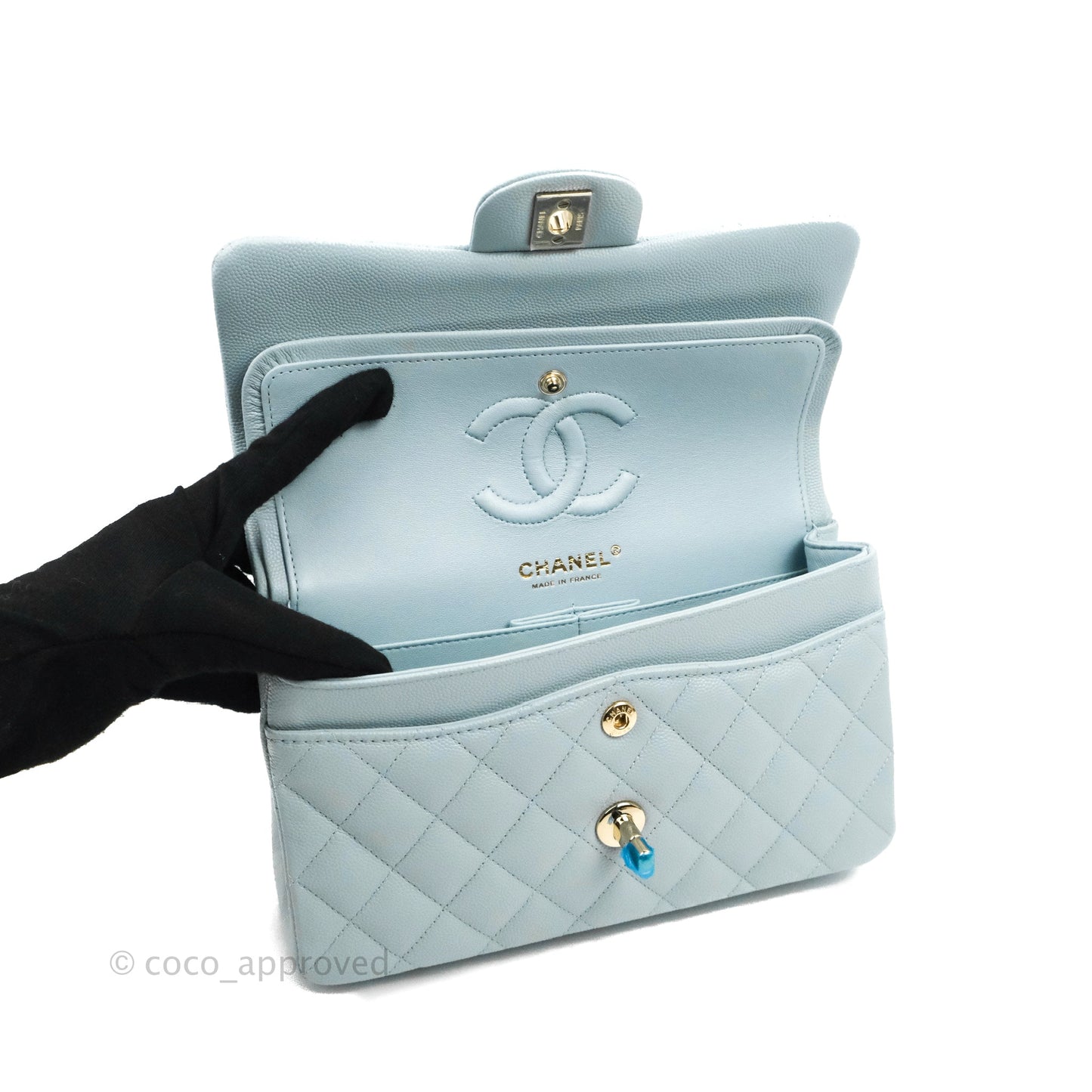 Chanel Small Classic Quilted Flap Light Blue Caviar Gold Hardware