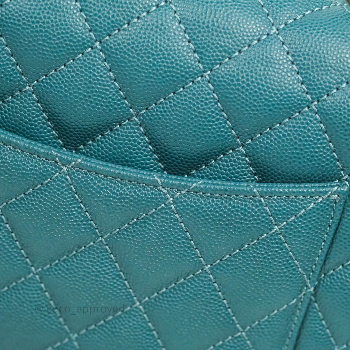 Chanel Medium Coco Handle Quilted Teal Caviar Lizard Handle Aged Gold Hardware