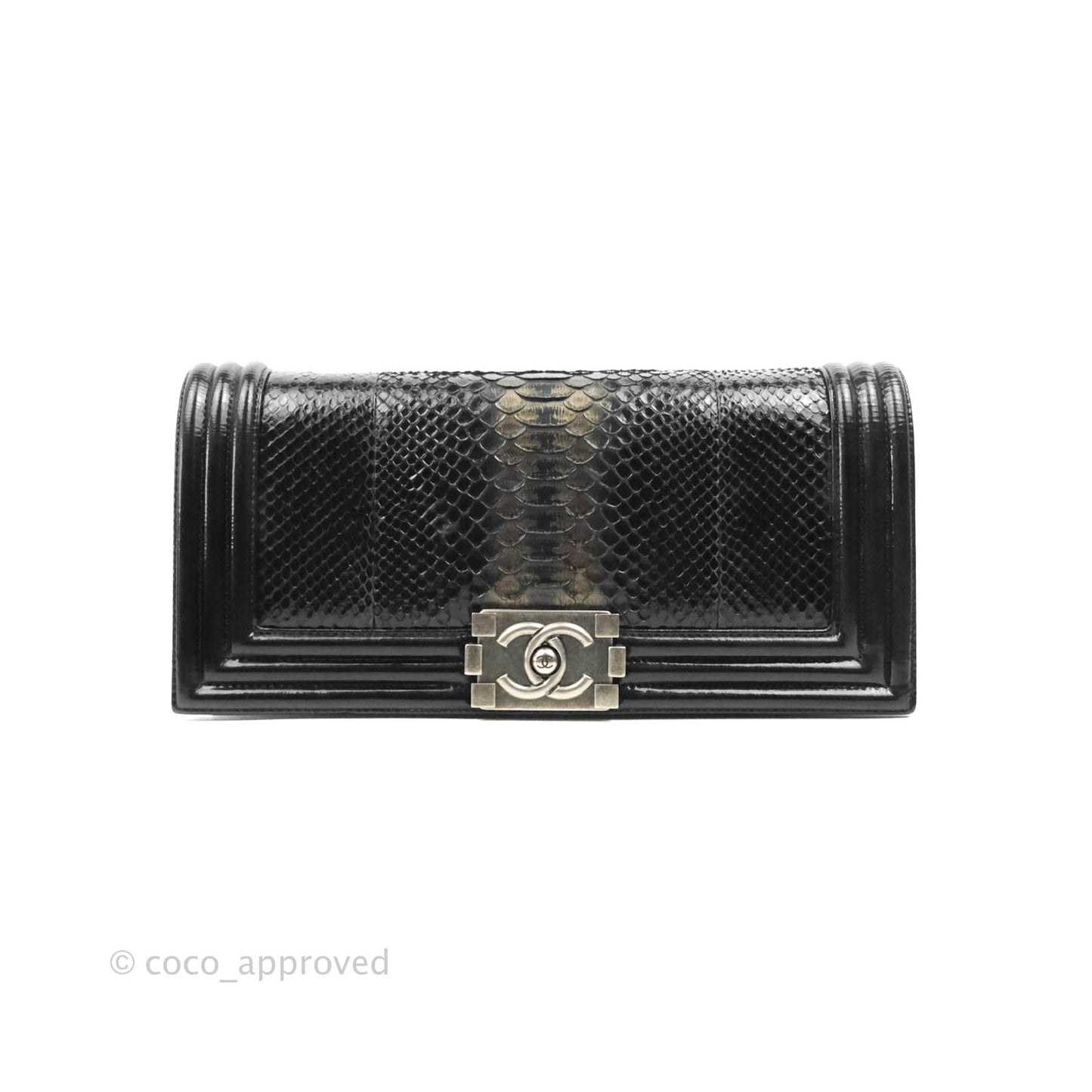 Chanel Boy Clutch Python Patent Black Ruthenium Hardware