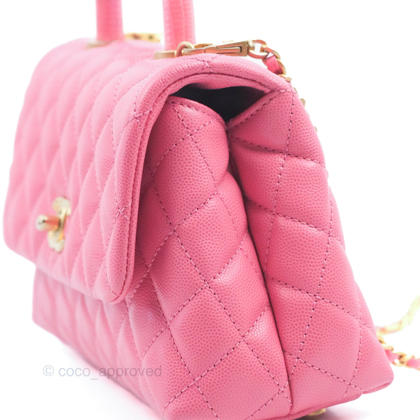 Chanel Small Coco Handle Quilted Pink Caviar Aged Gold Hardware Lizard Embossed Handle