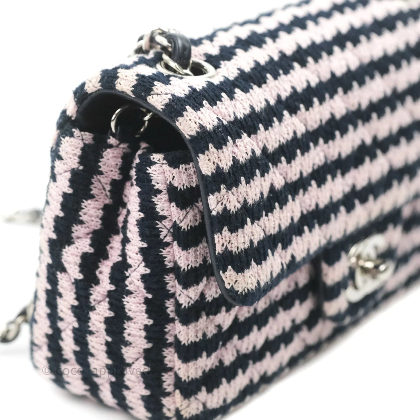 Chanel Mini Rectangular Flap Bag Navy Pink Striped Tweed Silver Hardware