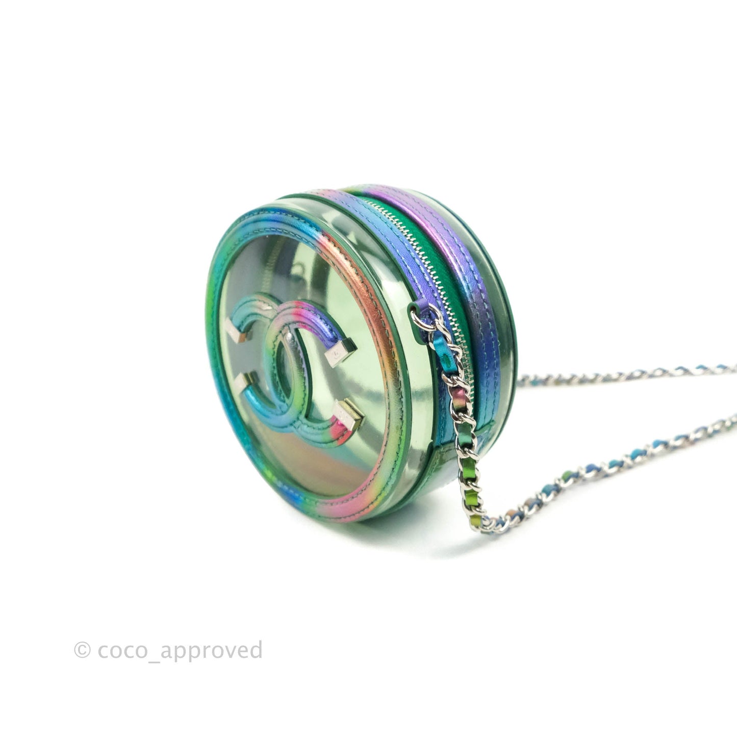 Chanel Filigree Rainbow Green PVC Round Clutch With Chain Silver Hardware 20C