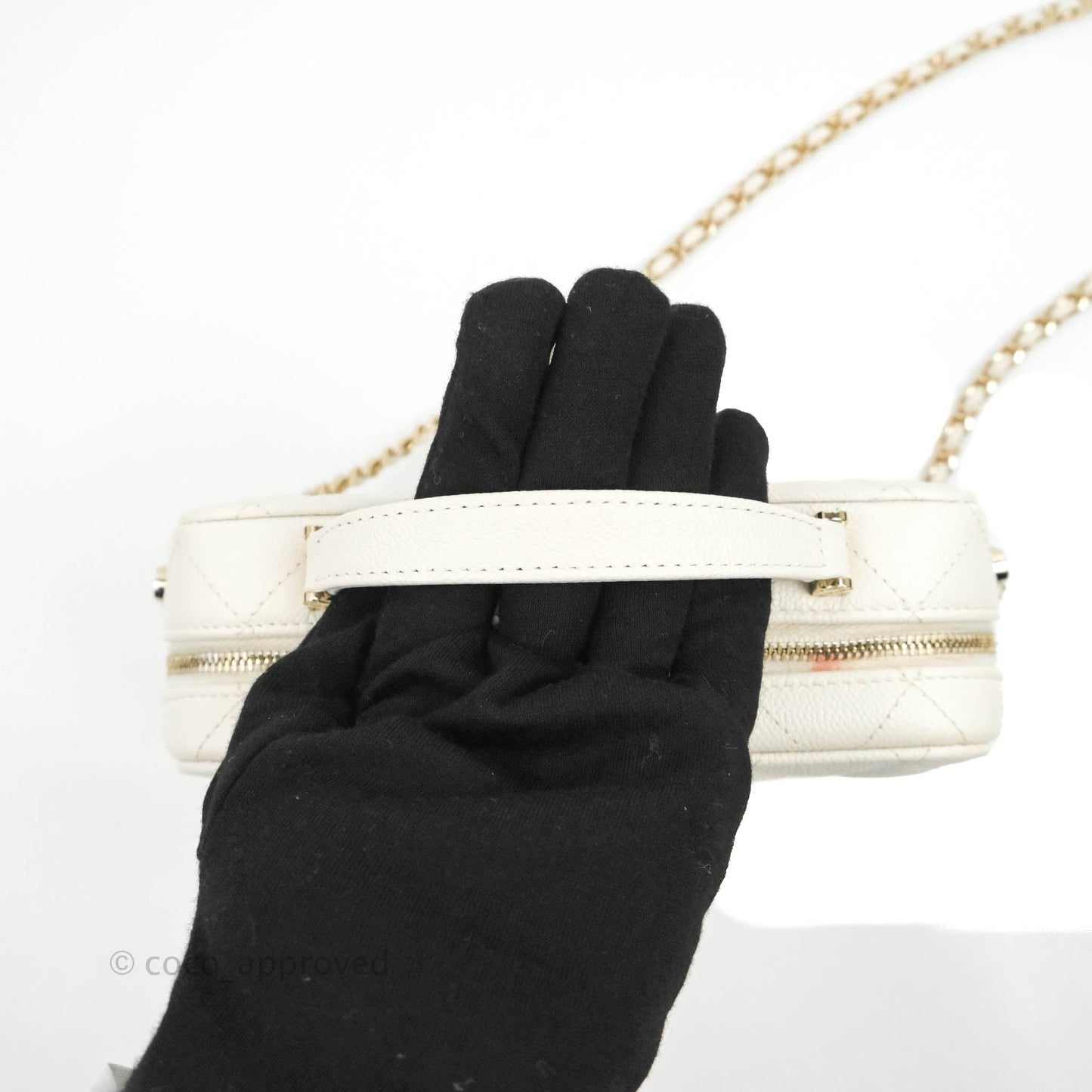 Chanel Quilted Top Handle Vanity White Caviar Gold Hardware