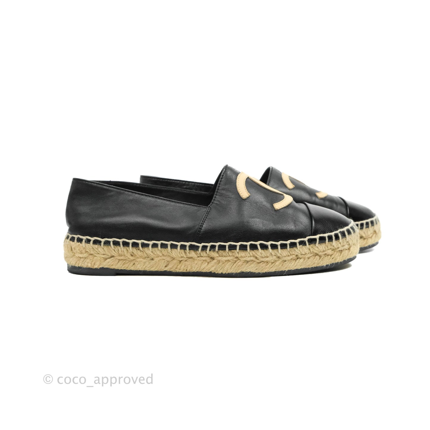 Chanel Espadrille Black Beige Leather Size 36C