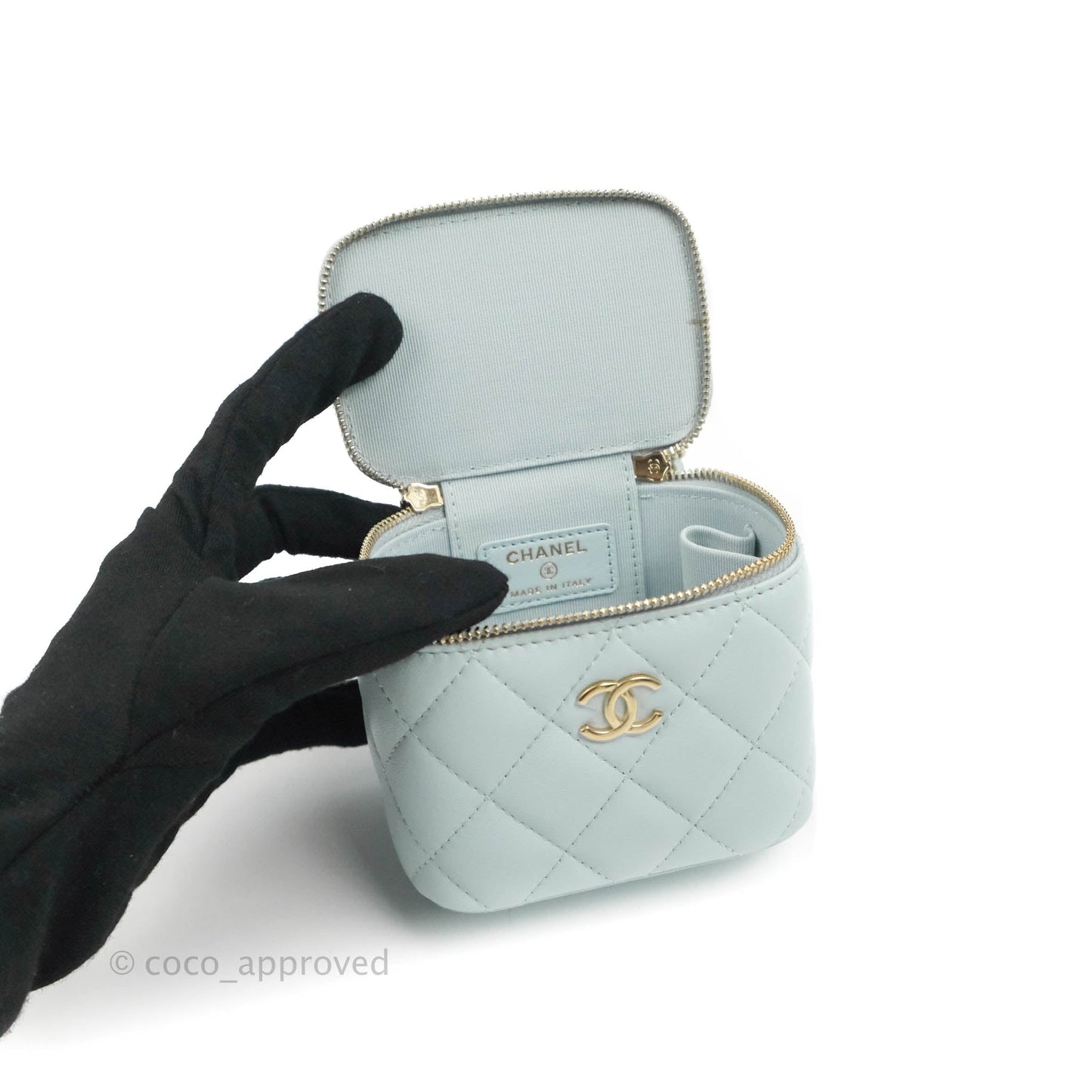 Chanel Mini Top Handle Vanity With Chain Light Blue Lambskin Gold Hardware