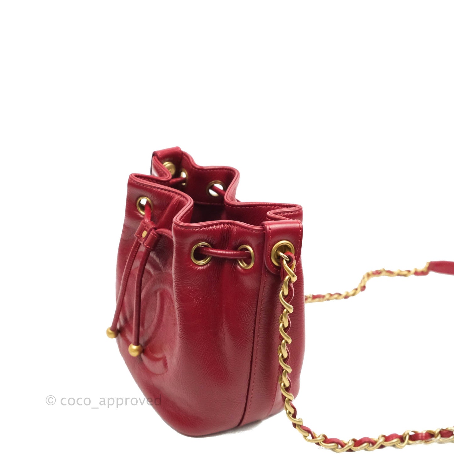 Chanel Shiny Aged Calfskin CC Chain Mini Drawstring Bag Red