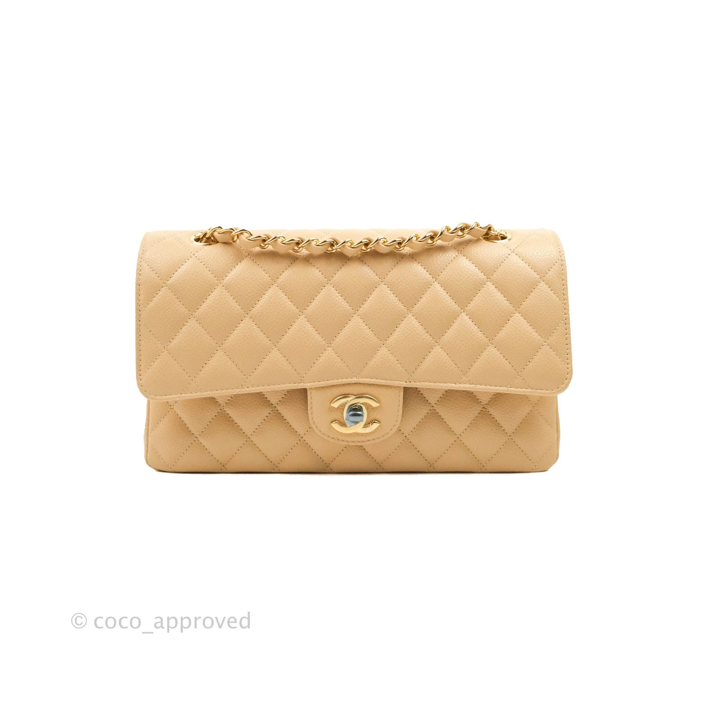 Chanel Classic M/L Medium Flap Quilted Beige Caviar Gold Hardware