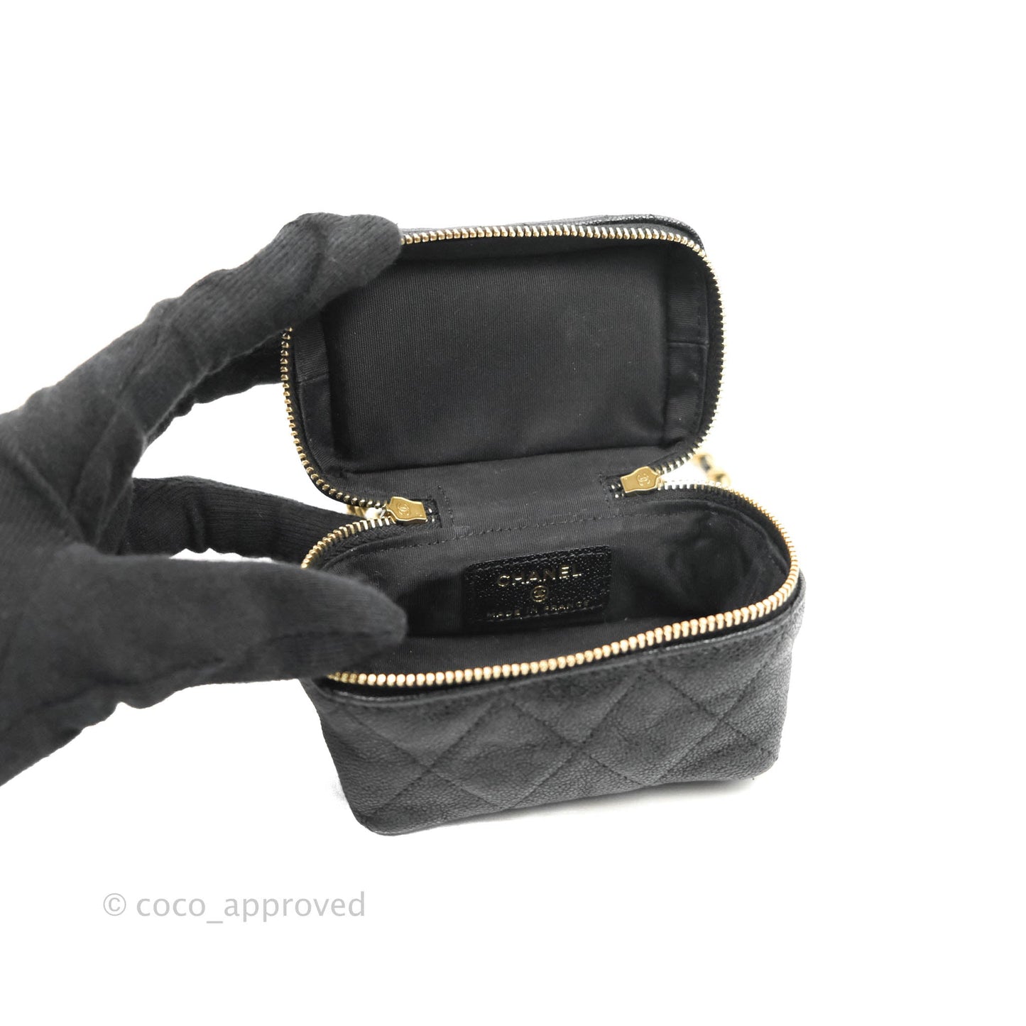 Chanel Quilted Mini Top Handle Vanity With Chain Black Caviar Aged Gold Hardware