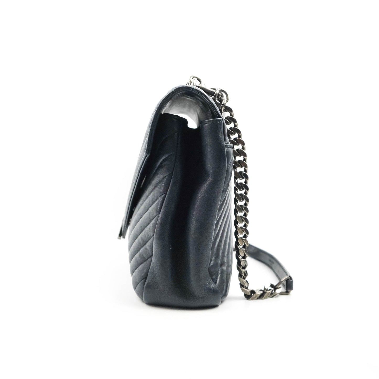 Saint Laurent Chevron Large College Navy Chain Bag Ruthenium Hardware