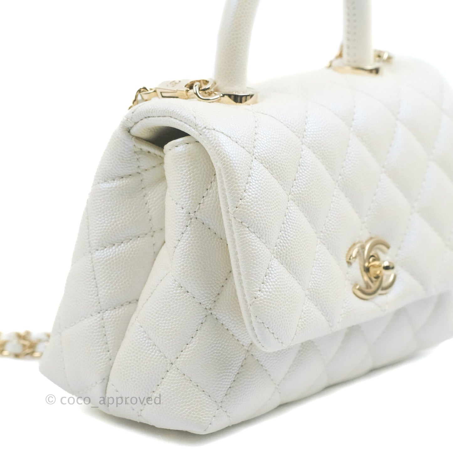 Chanel Mini Coco Handle Quilted Iridescent Pearl White Caviar Gold Hardware