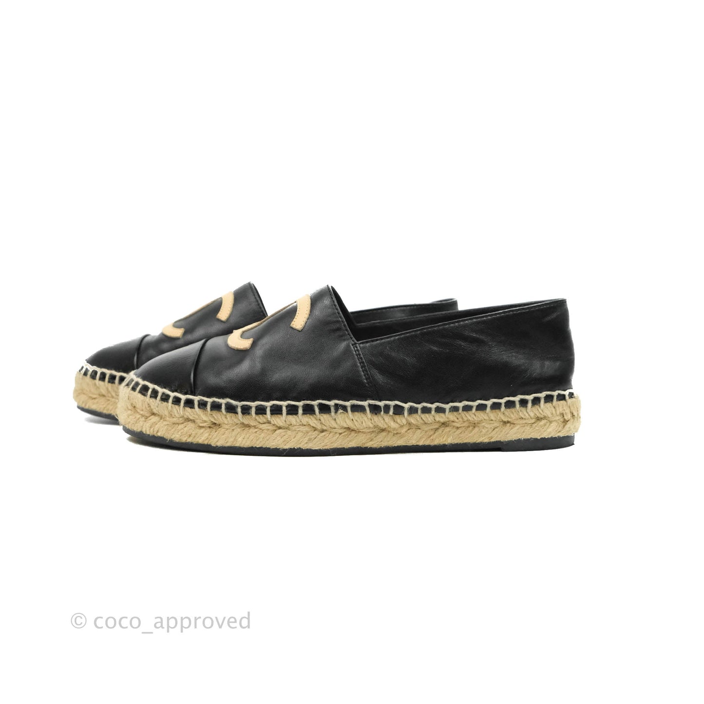 Chanel Espadrille Black Beige Leather Size 36C