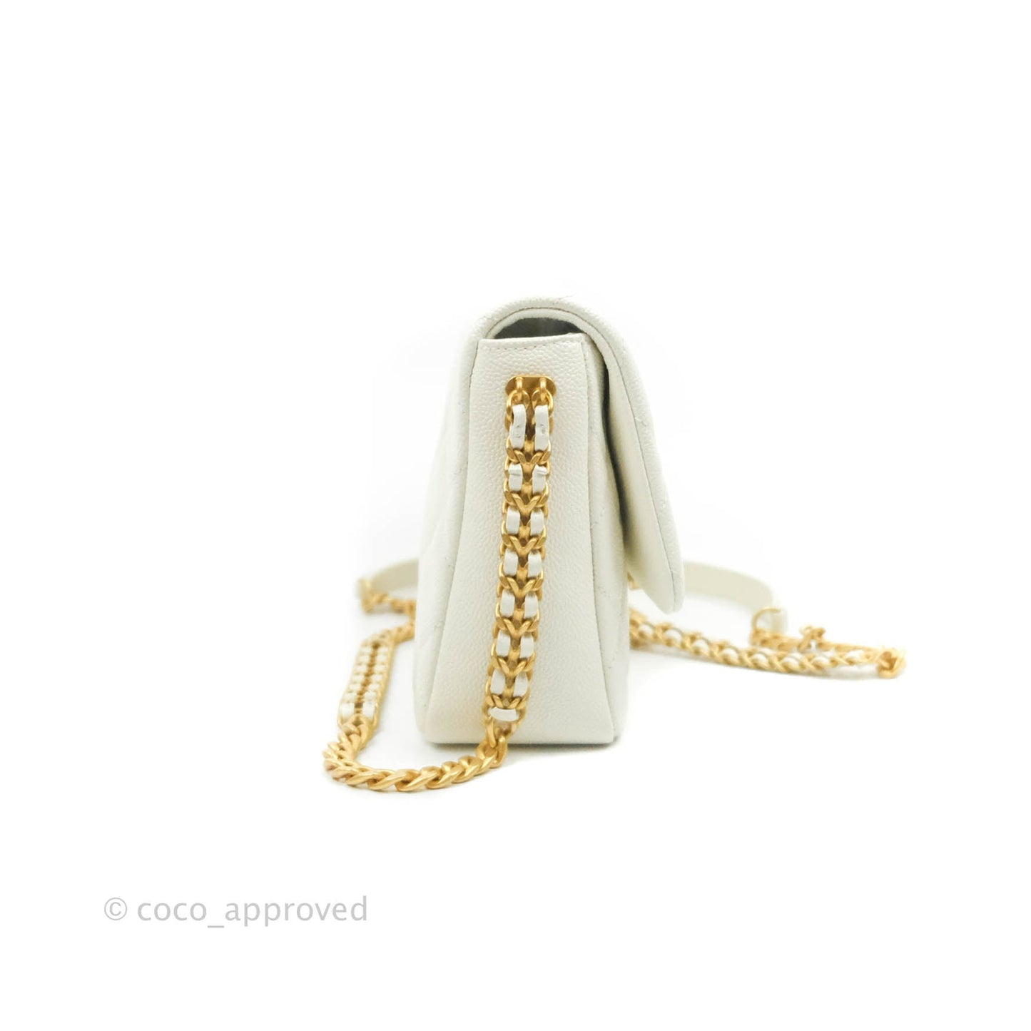 Chanel Small Quilted Melody Flap White Caviar Aged Gold Hardware 22P