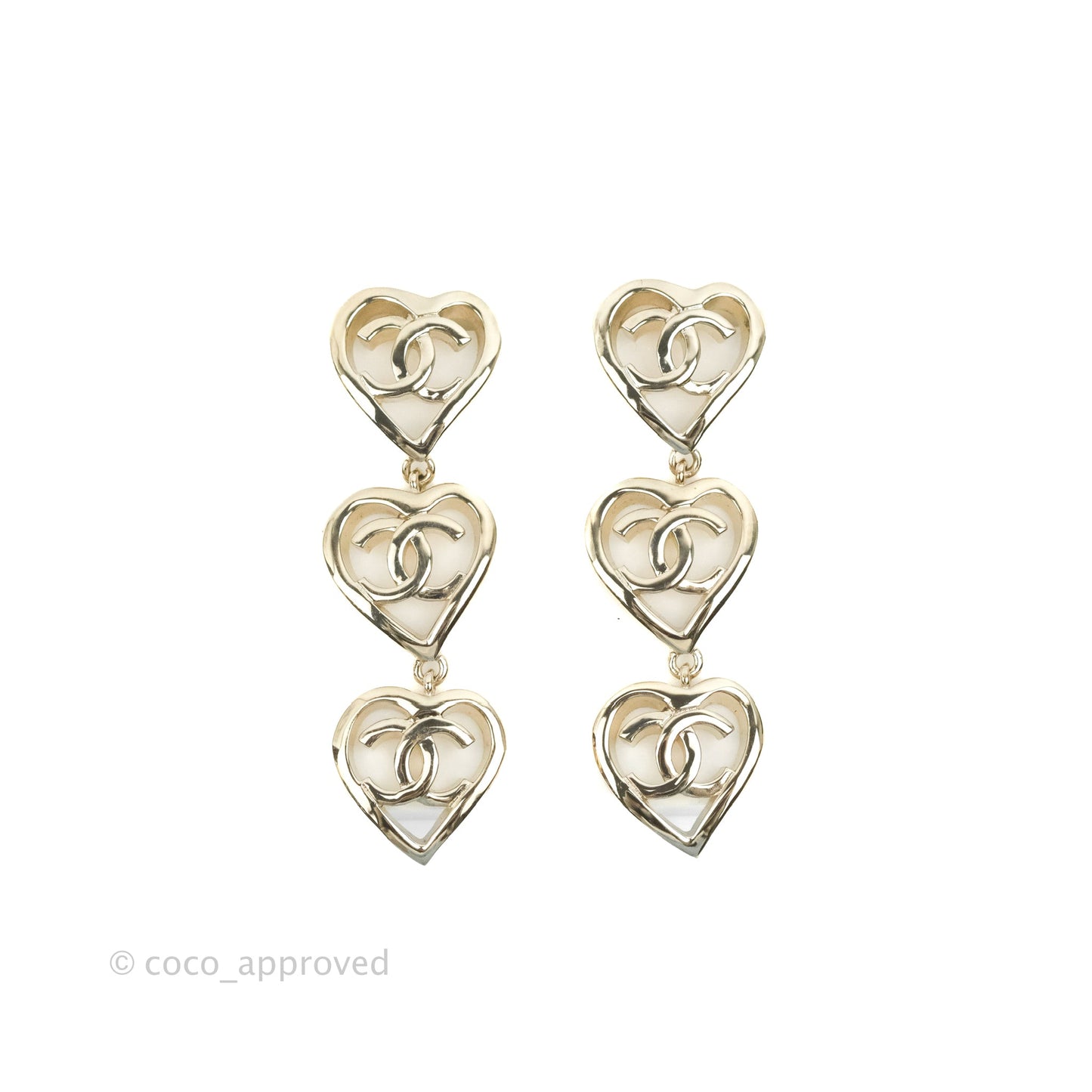Chanel CC Triple Heart Shape Long Drop Earrings Gold Tone 22P