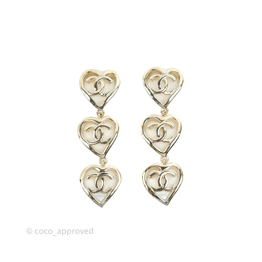 Chanel CC Triple Heart Shape Long Drop Earrings Gold Tone 22P