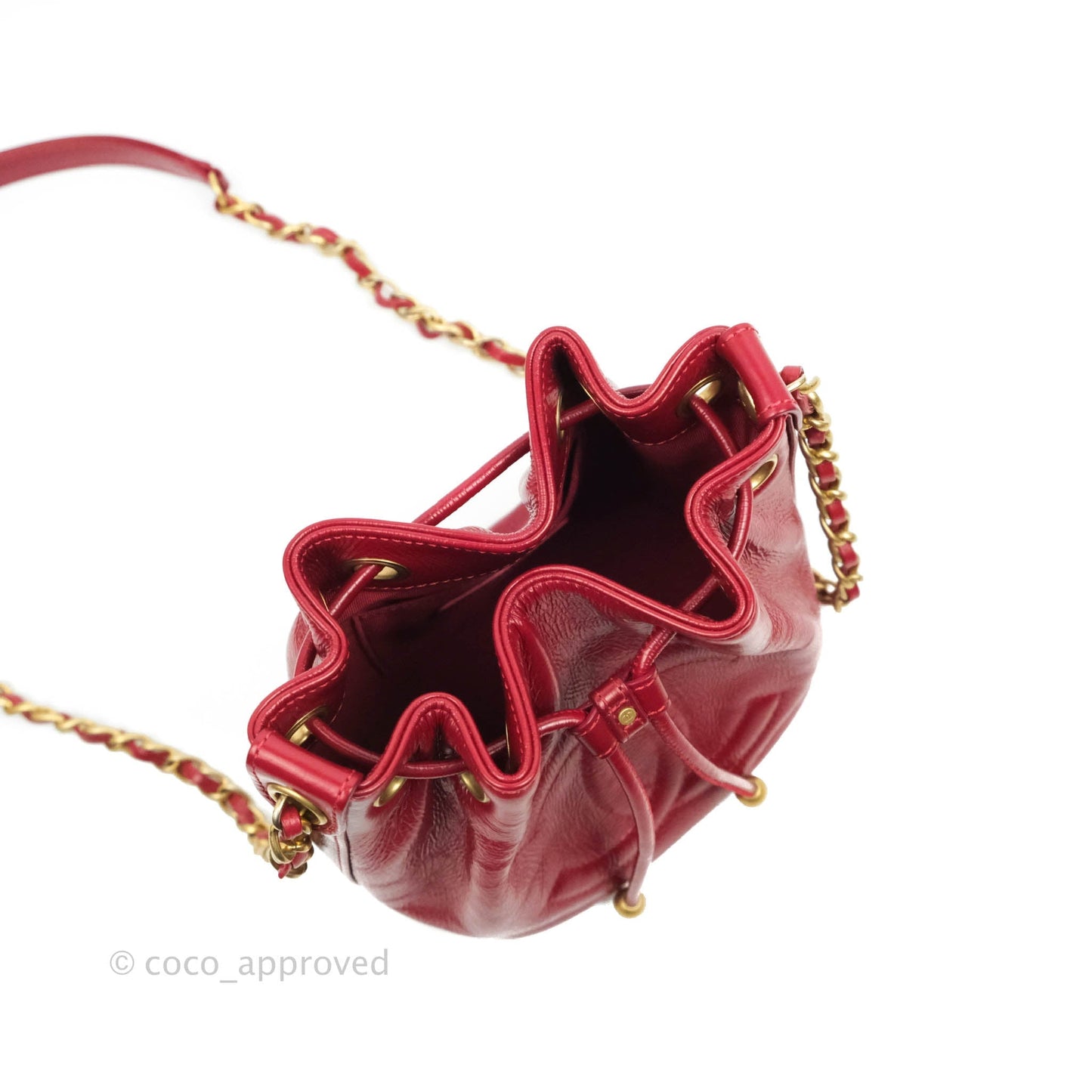 Chanel Shiny Aged Calfskin CC Chain Mini Drawstring Bag Red