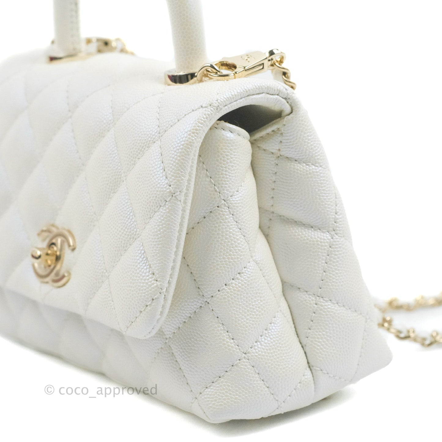 Chanel Mini Coco Handle Quilted Iridescent Pearl White Caviar Gold Hardware