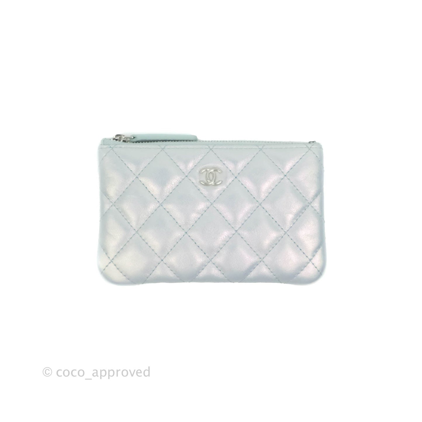 Chanel Mini Quilted O Case Iridescent Light Blue Calfskin Silver Hardware