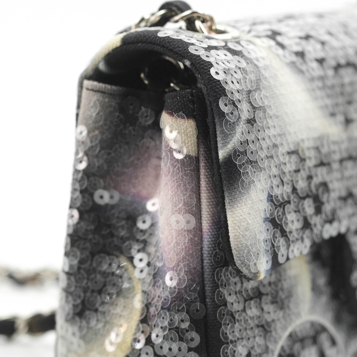 Chanel Mini Rectangular Flap Sequin Printed Canvas Silver Hardware 17K