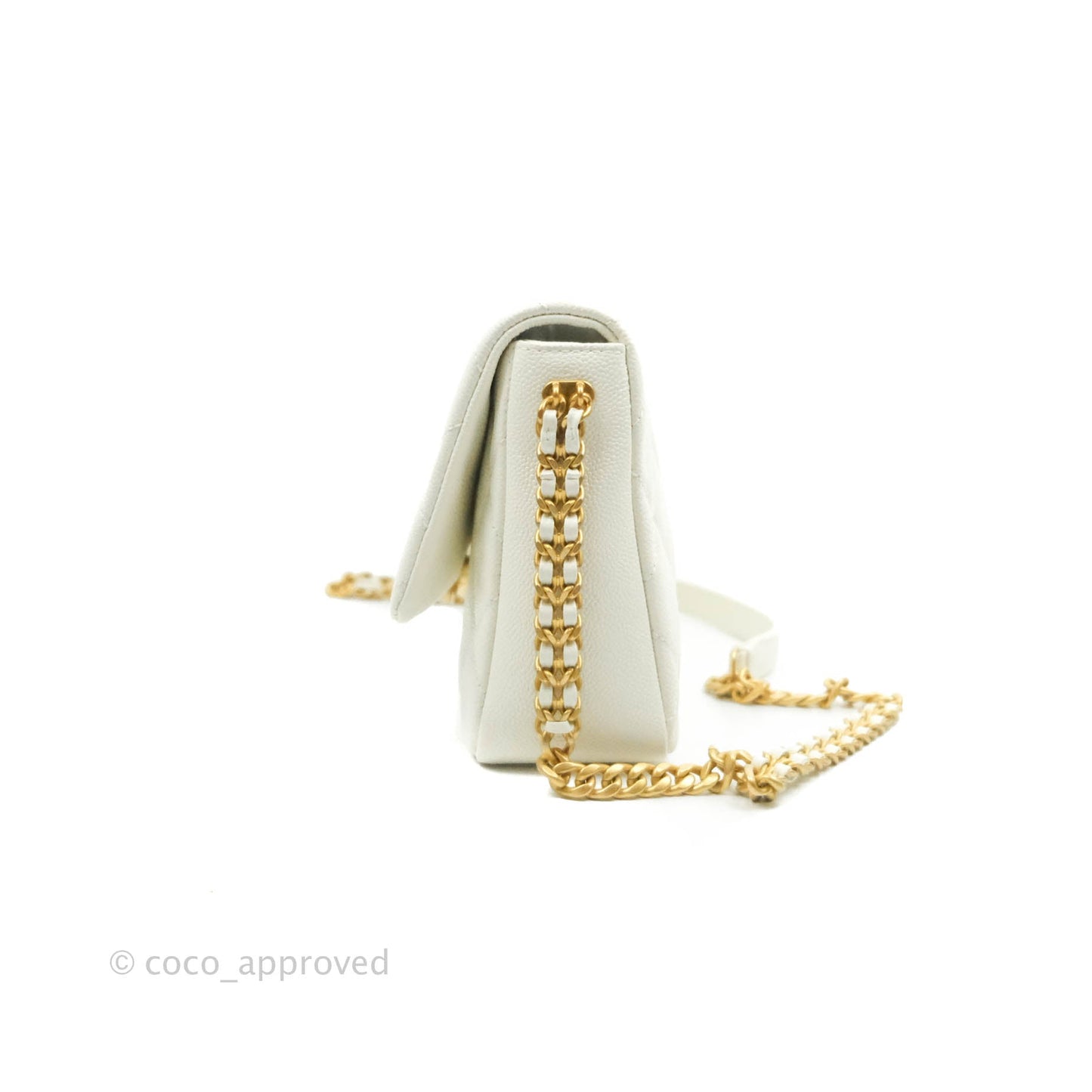 Chanel Small Quilted Melody Flap White Caviar Aged Gold Hardware 22P