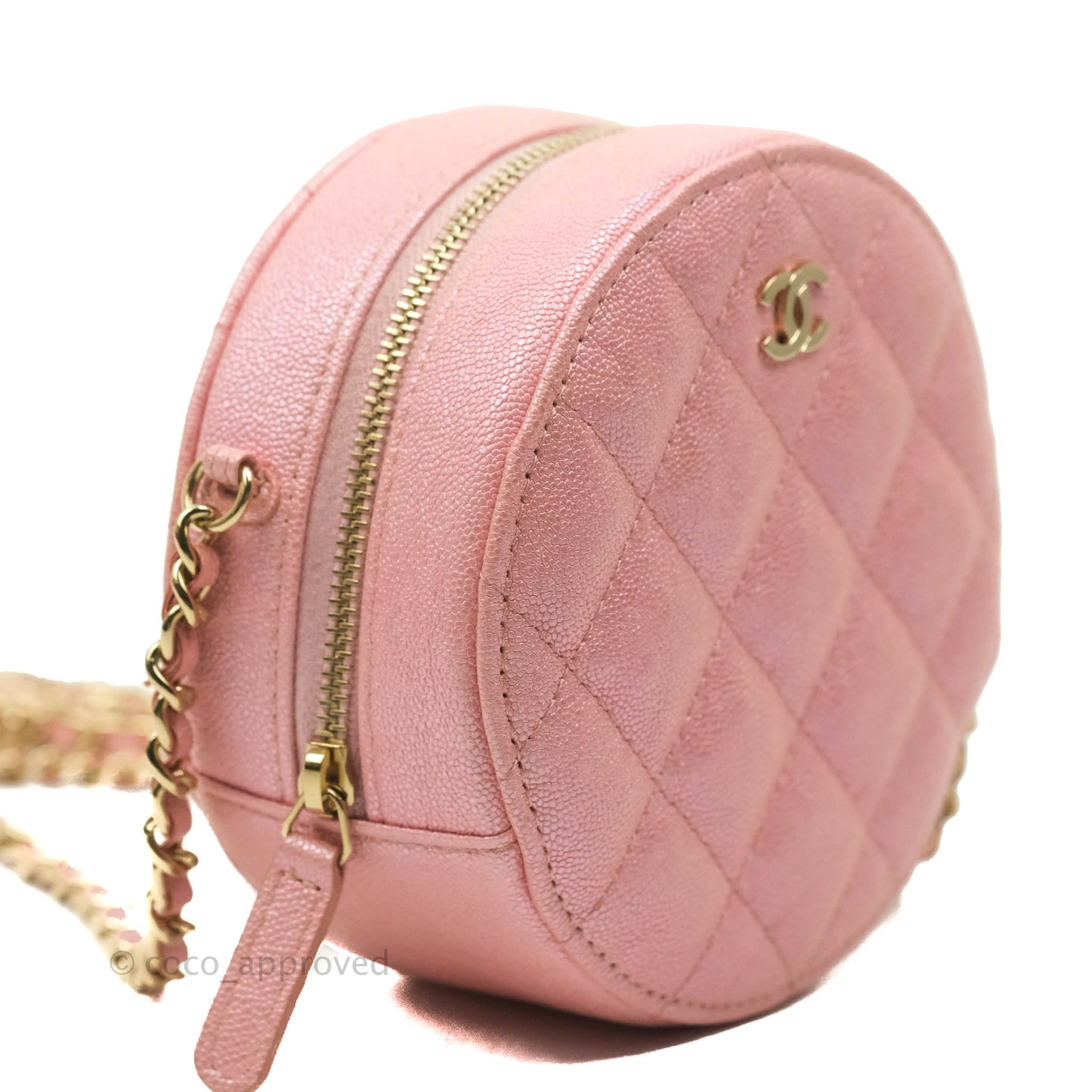 Chanel Classic Quilted Round Clutch With Chain Iridescent Pink Caviar Gold Hardware 19S