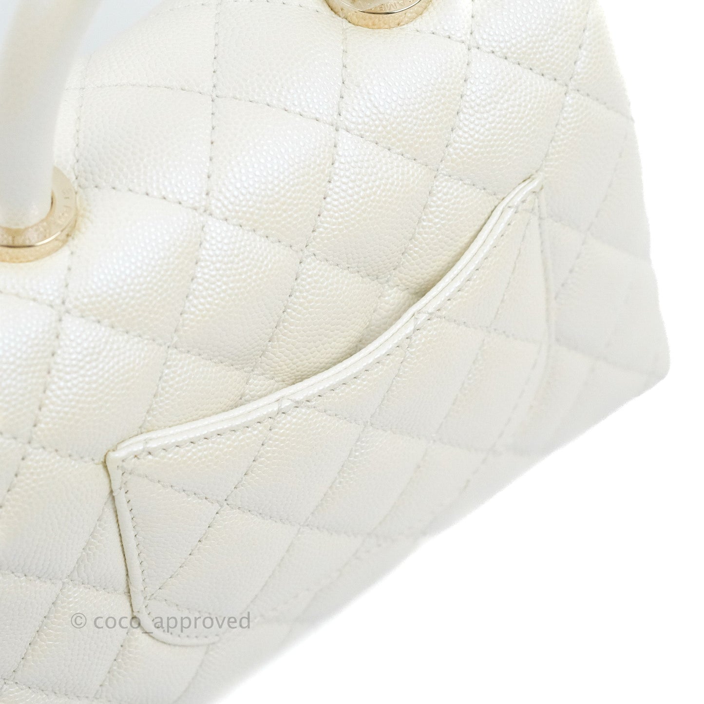 Chanel Mini Coco Handle Quilted Iridescent Pearl White Caviar Gold Hardware