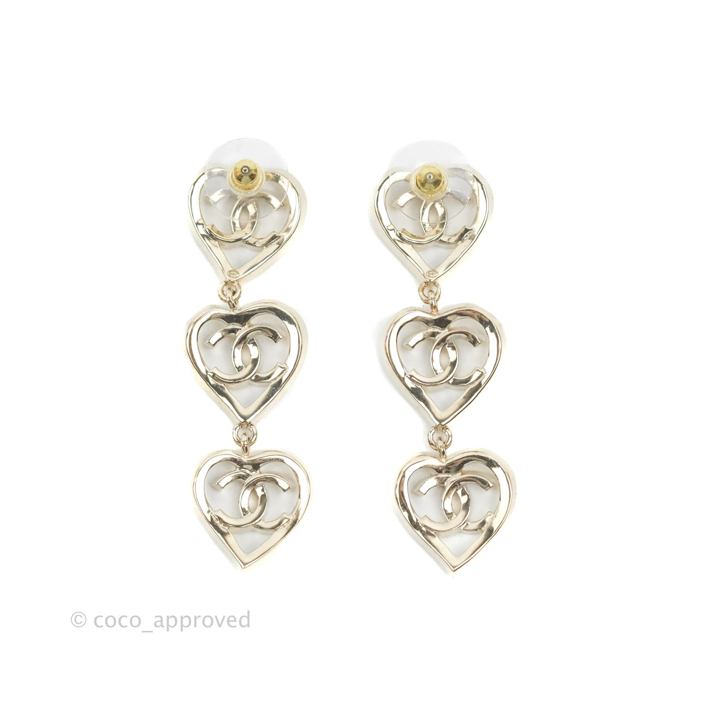 Chanel CC Triple Heart Shape Long Drop Earrings Gold Tone 22P