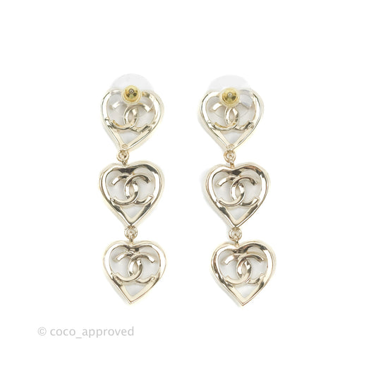 Chanel CC Triple Heart Shape Long Drop Earrings Gold Tone 22P