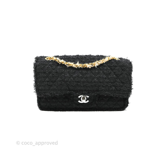 Chanel Medium Classic Double Flap Bag Black Tweed Gold & Gun Metal Hardware