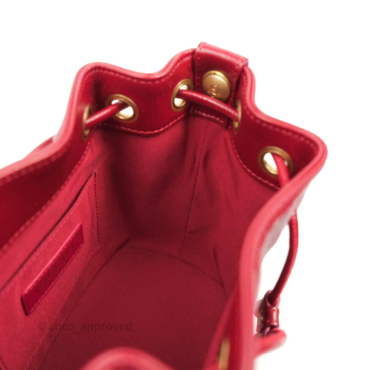 Chanel Shiny Aged Calfskin CC Chain Mini Drawstring Bag Red