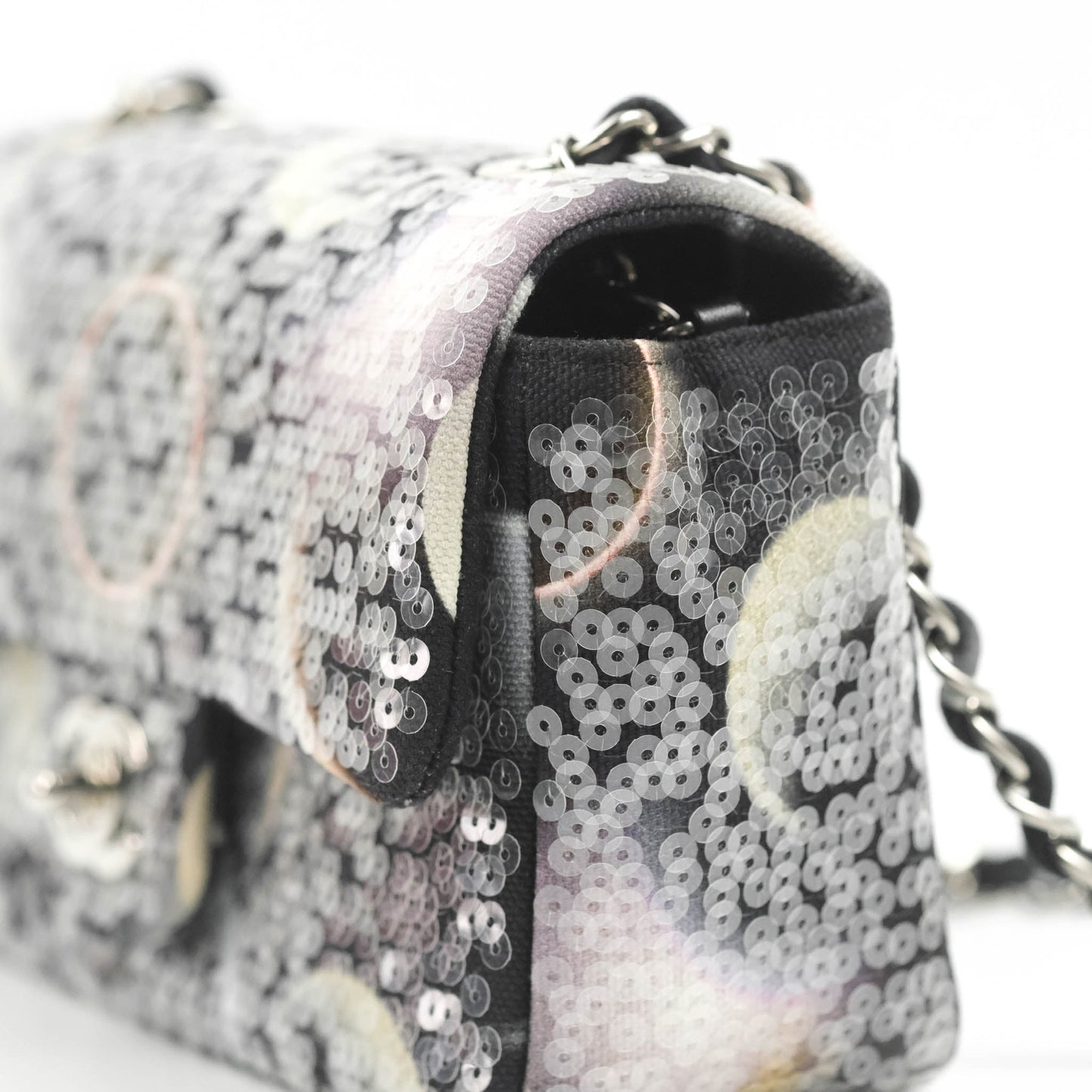 Chanel Mini Rectangular Flap Sequin Printed Canvas Silver Hardware 17K