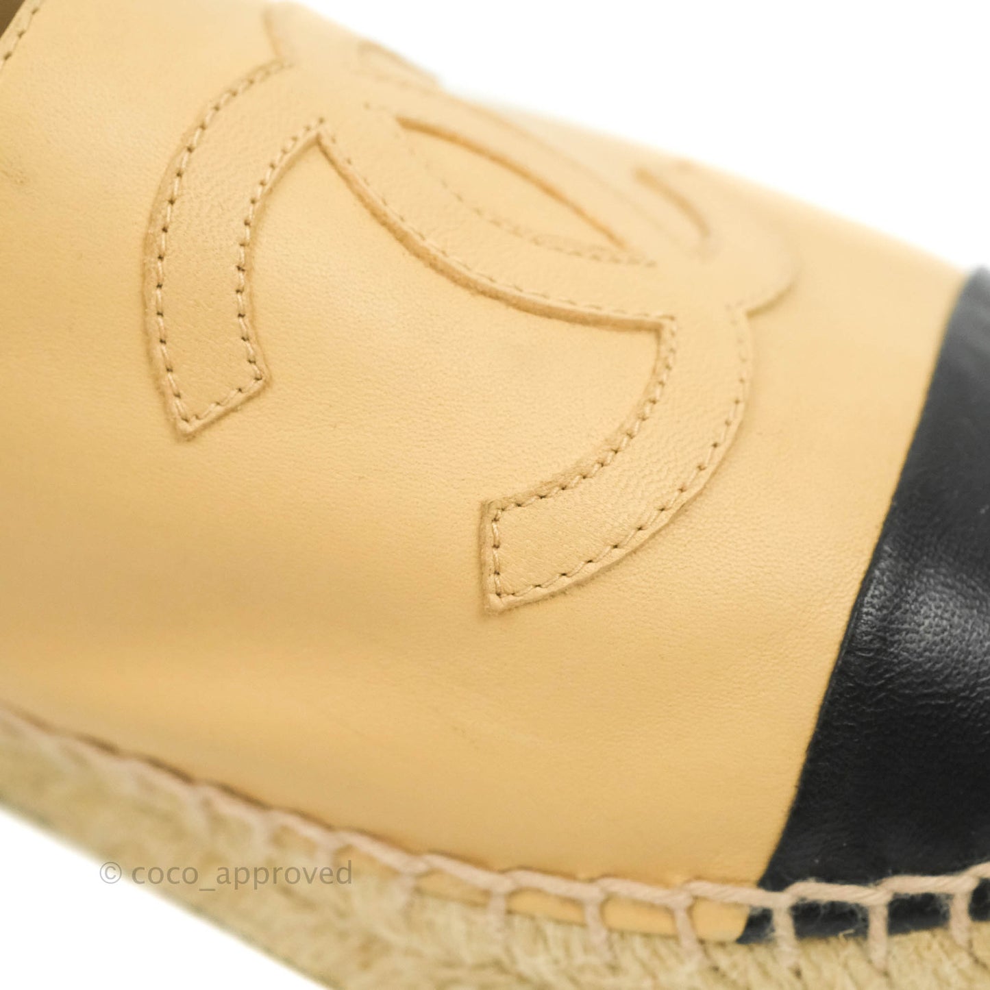 Chanel Espadrille Beige Black Leather Size 37