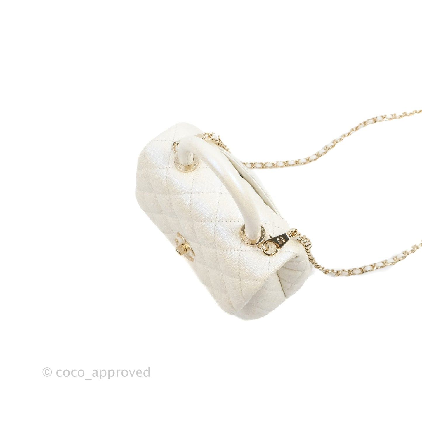 Chanel Mini Coco Handle Quilted Iridescent Pearl White Caviar Gold Hardware