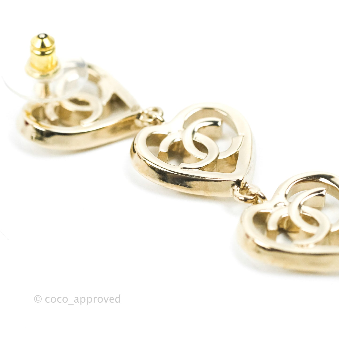 Chanel CC Triple Heart Shape Long Drop Earrings Gold Tone 22P