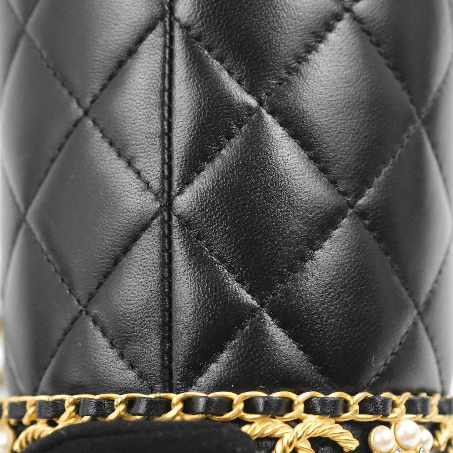 Chanel Quilted Drawstring Pearl Flower Bucket Bag Black Lambskin Aged Gold Hardware