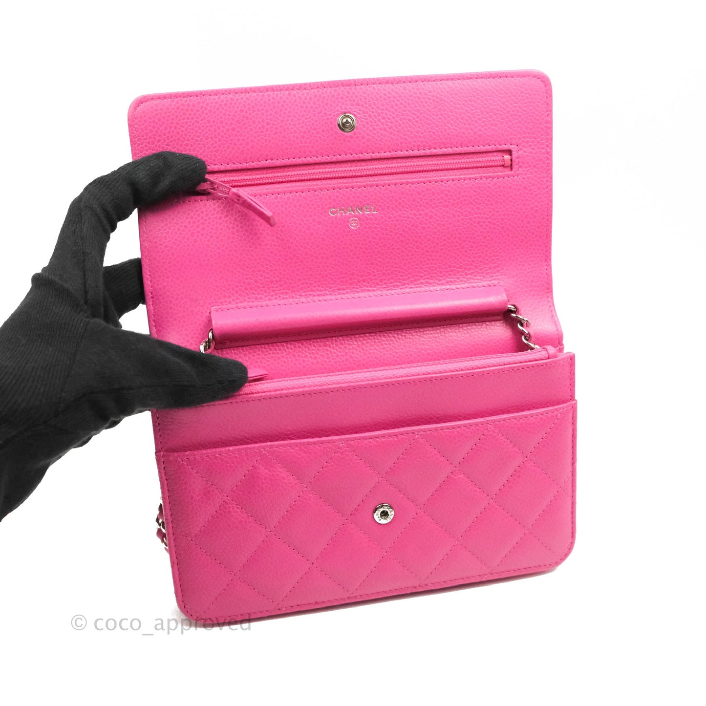 Chanel Quilted Wallet on Chain WOC Pink Caviar Silver Hardware