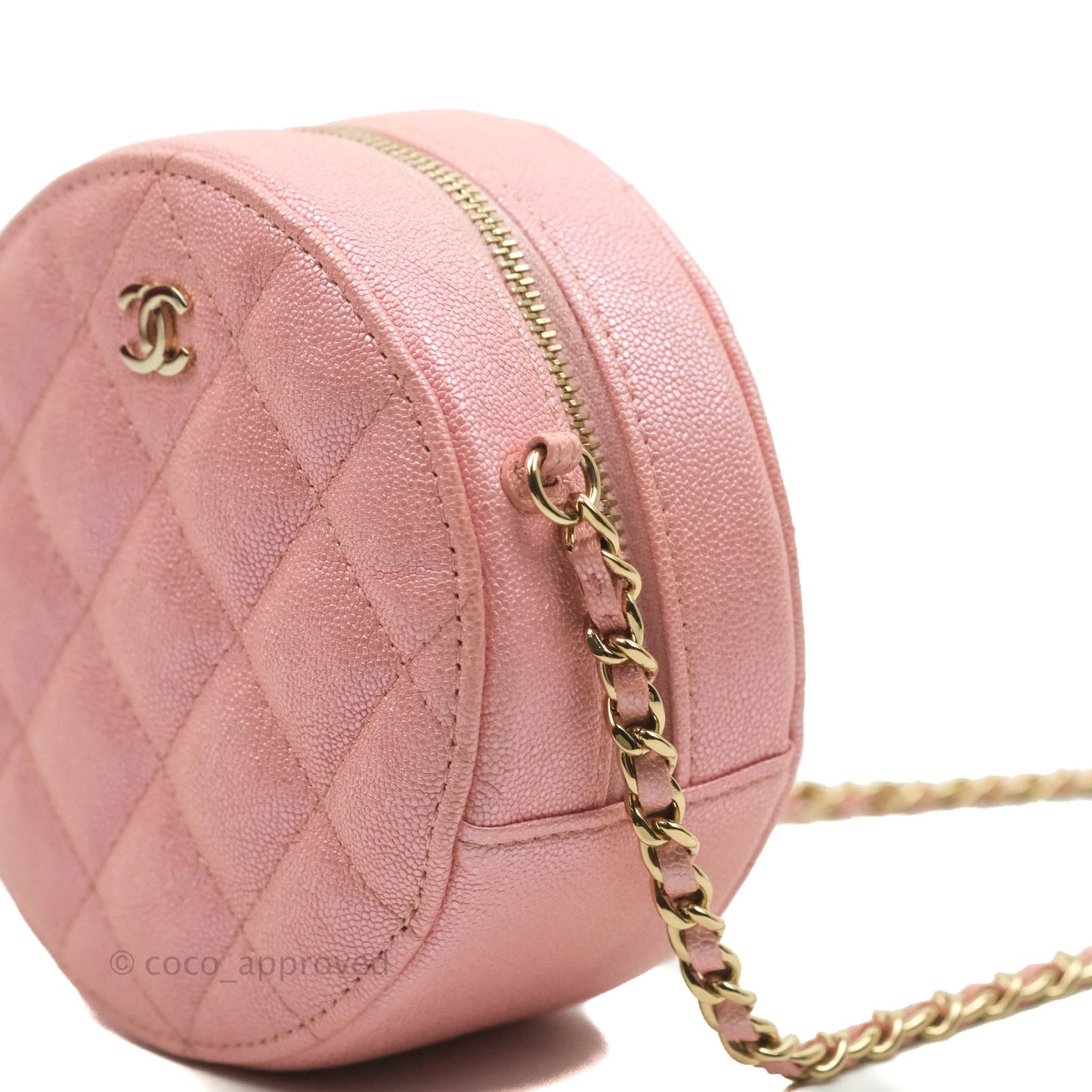 Chanel Classic Quilted Round Clutch With Chain Iridescent Pink Caviar Gold Hardware 19S