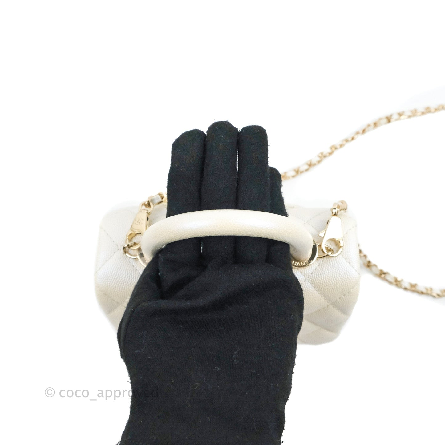 Chanel Mini Coco Handle Quilted Iridescent Pearl White Caviar Gold Hardware