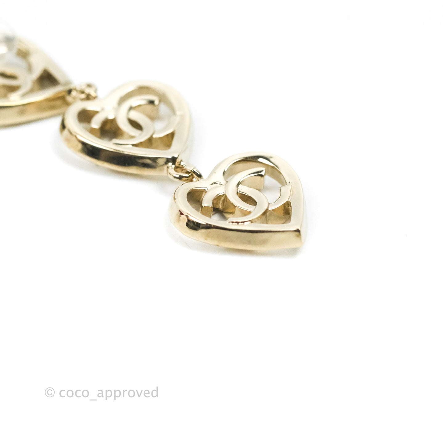 Chanel CC Triple Heart Shape Long Drop Earrings Gold Tone 22P