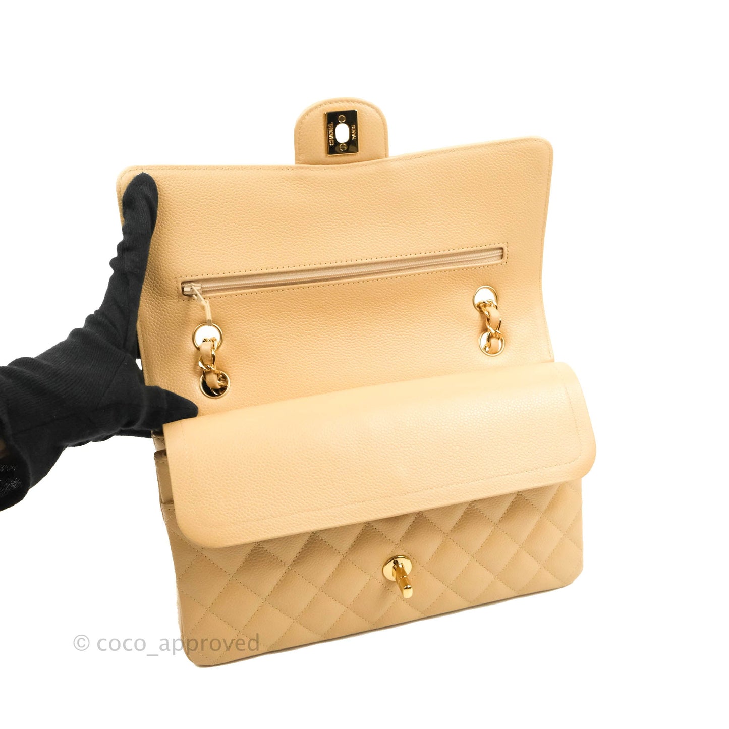Chanel Classic M/L Medium Flap Quilted Beige Caviar Gold Hardware