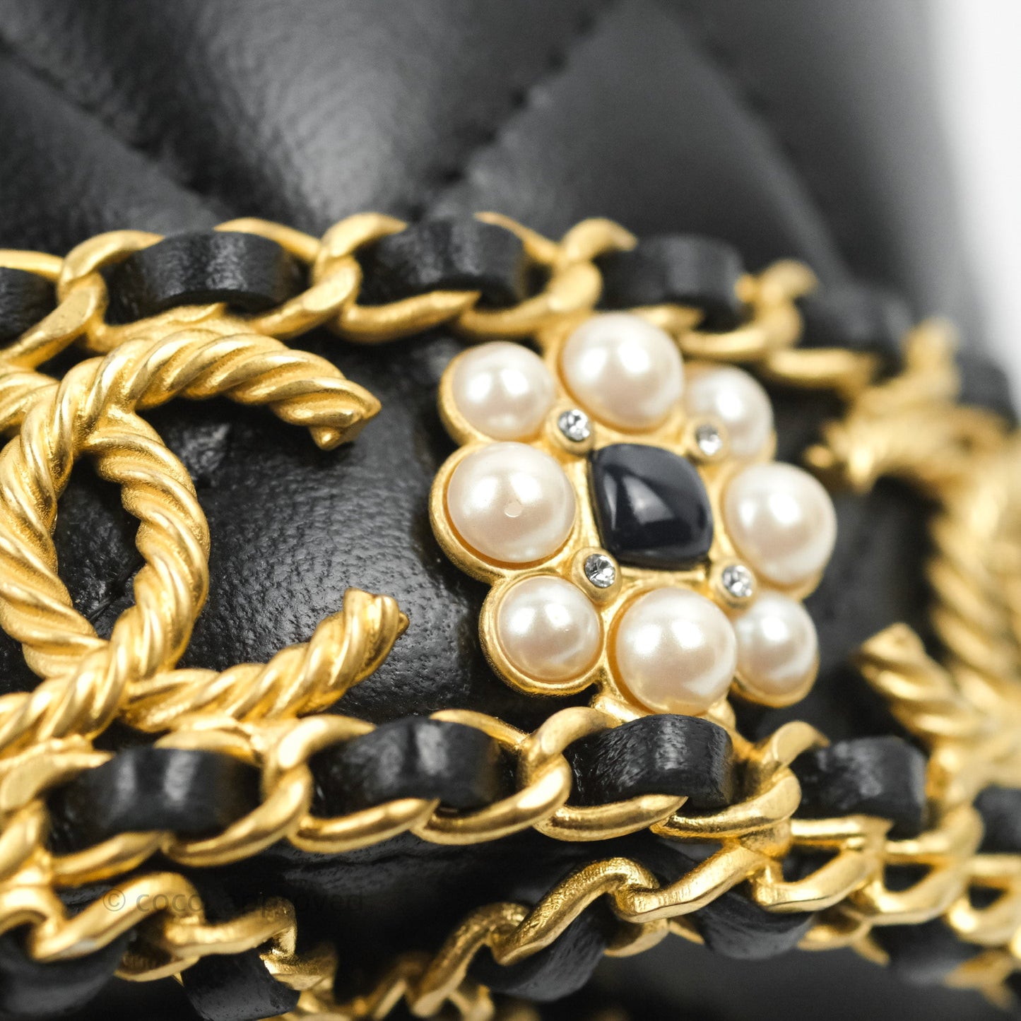 Chanel Quilted Drawstring Pearl Flower Bucket Bag Black Lambskin Aged Gold Hardware