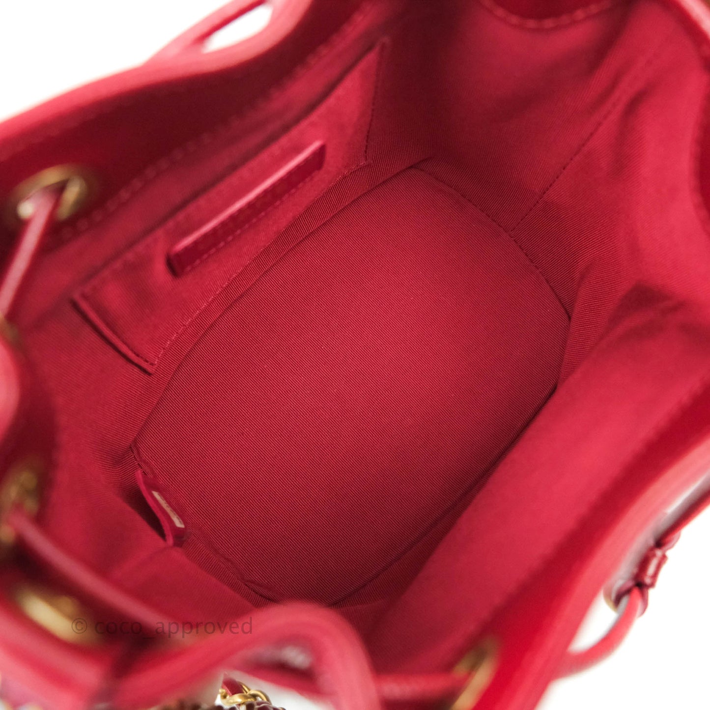Chanel Shiny Aged Calfskin CC Chain Mini Drawstring Bag Red