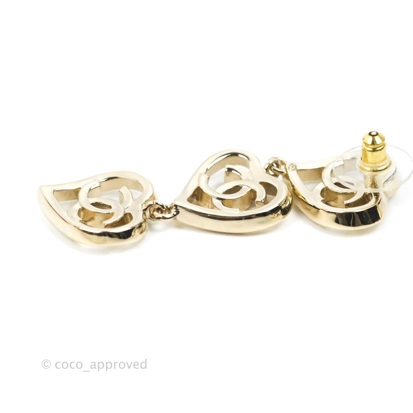 Chanel CC Triple Heart Shape Long Drop Earrings Gold Tone 22P