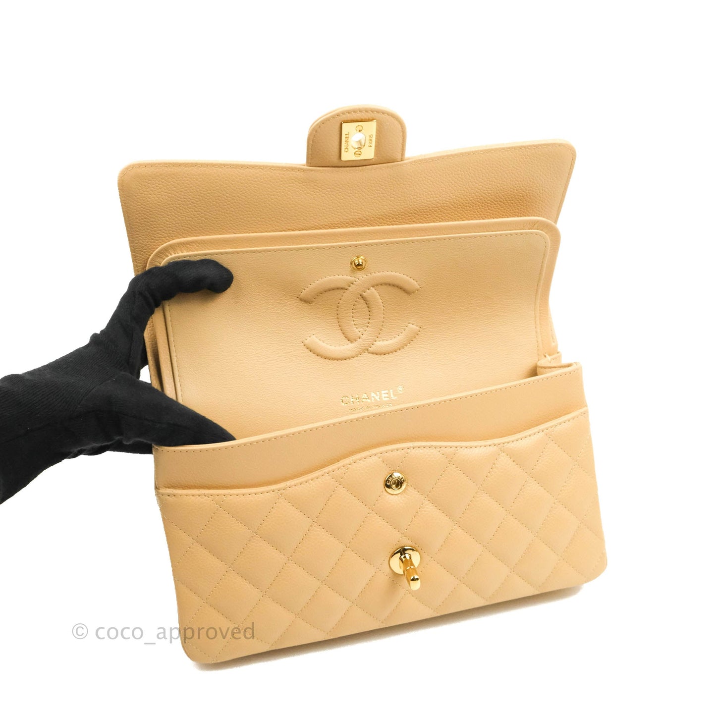 Chanel Classic M/L Medium Flap Quilted Beige Caviar Gold Hardware