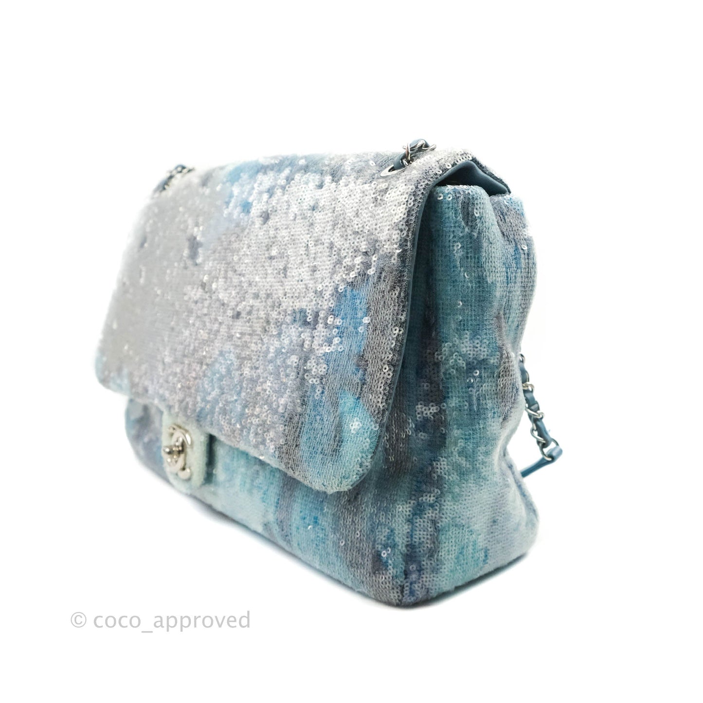 Chanel Large Sequin Waterfall Flap Bag Blue Silver Hardware